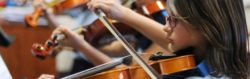 A young musician plays a stringed instrument with others