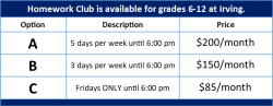 Homework Club Price Chart