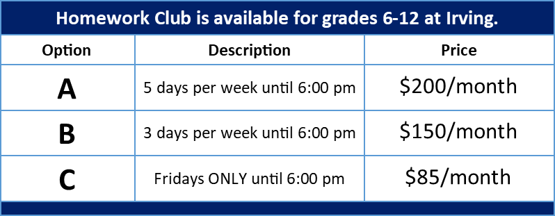 Irving Homework 20 21 Pricing Chart Great Hearts Irving Serving Grades K 12 